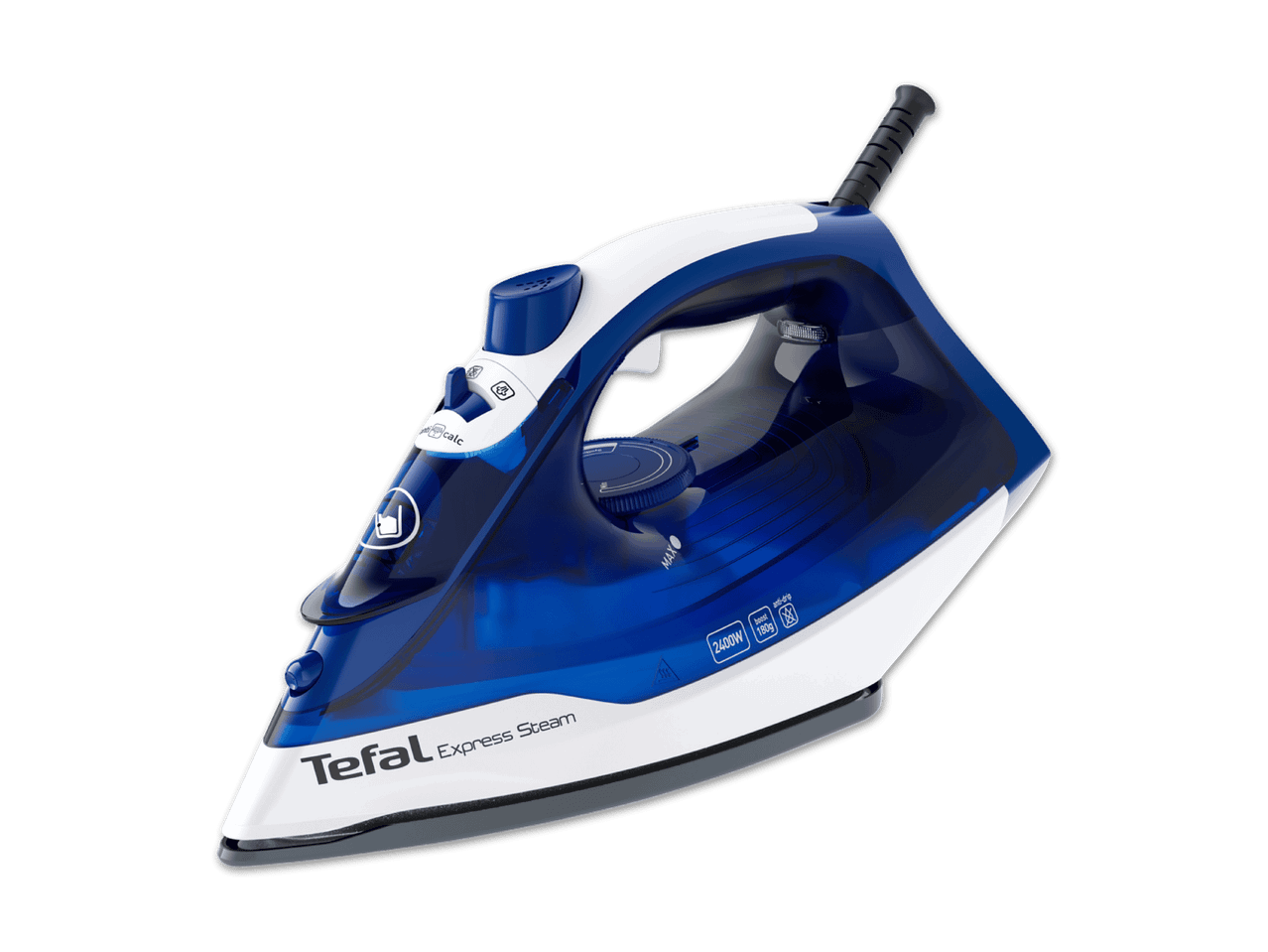 Ein Tefal-Bügeleisen in Blau und Weiß.