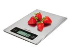 Digital kitchen scale with strawberries, displaying 74 grams.