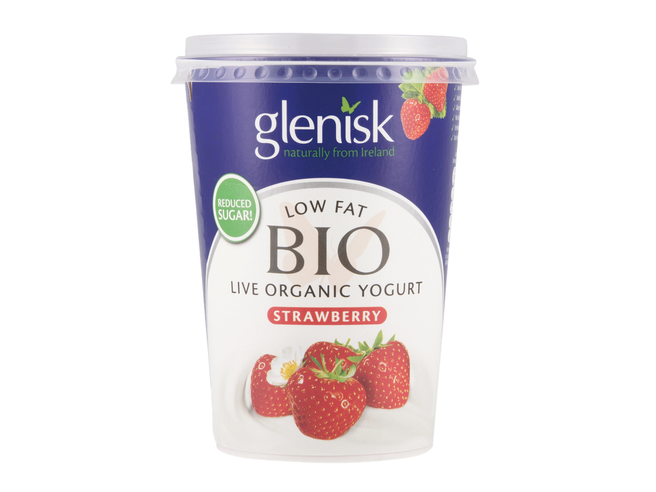Glenisk strawberry Bio organic yogurt, low fat, reduced sugar.