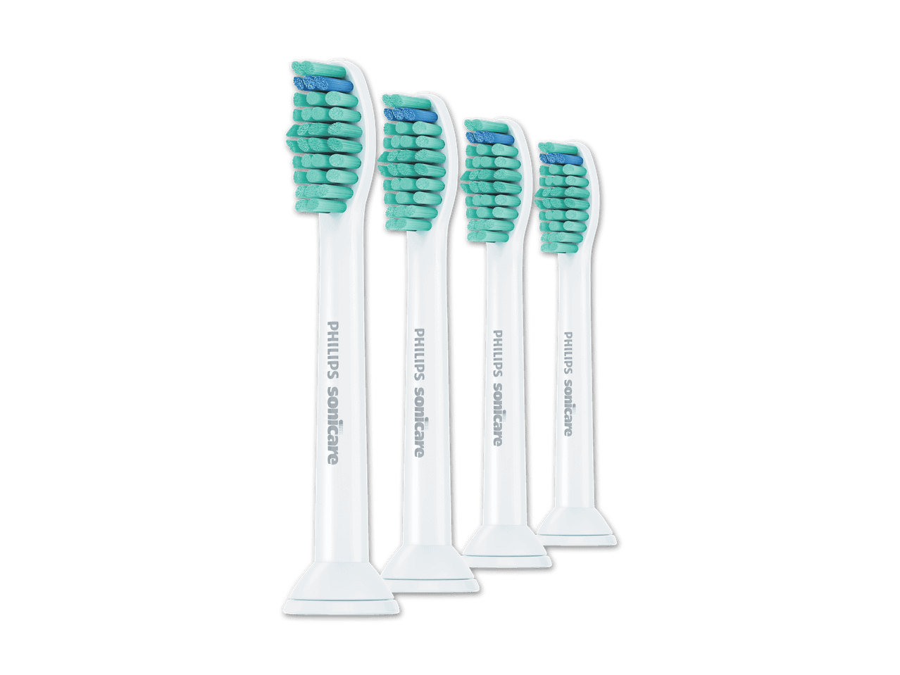 Vier Philips Sonicare Zahnbürstenköpfe mit blauen und türkisfarbenen Borsten.