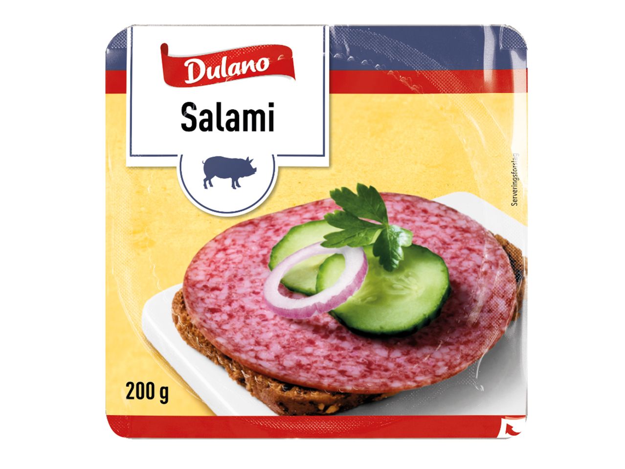 Dulano Salami-pakke med et billede af en salamimad og 200 g vægt.