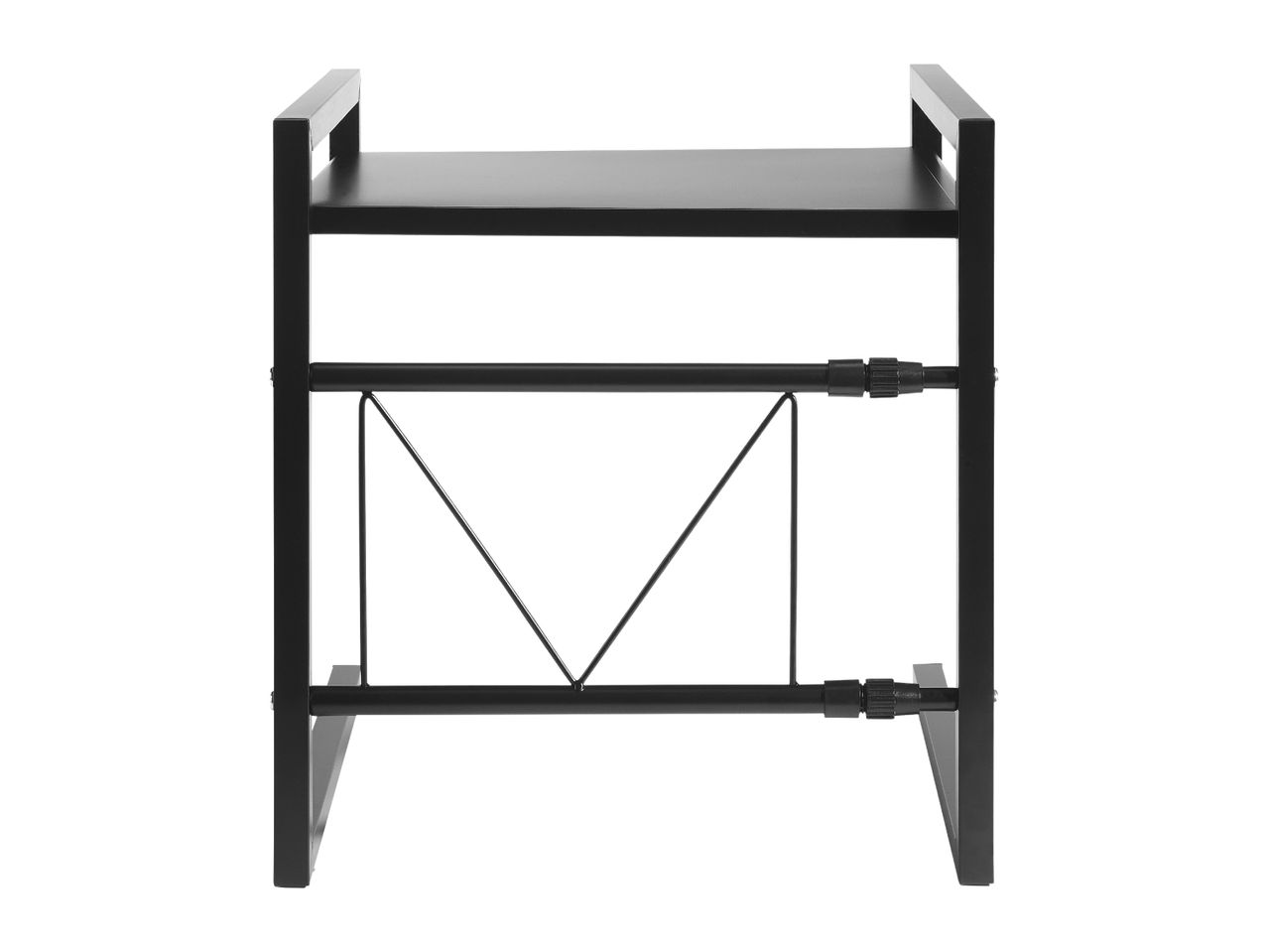 Black metal kitchen shelf with a single tier and cross-brace support.
