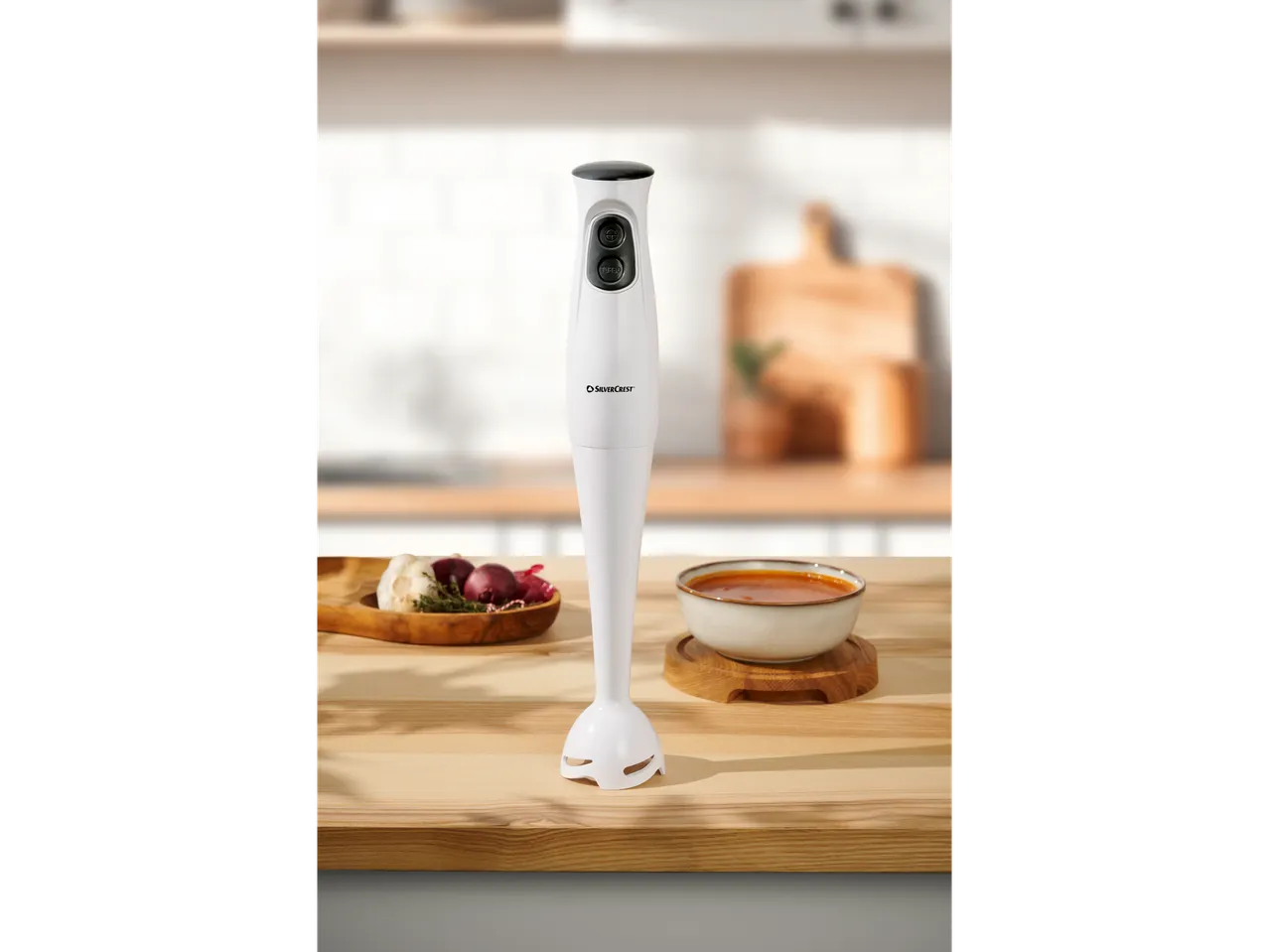 SILVERCREST® 350W Hand Blender Set with a bowl of soup and ingredients.