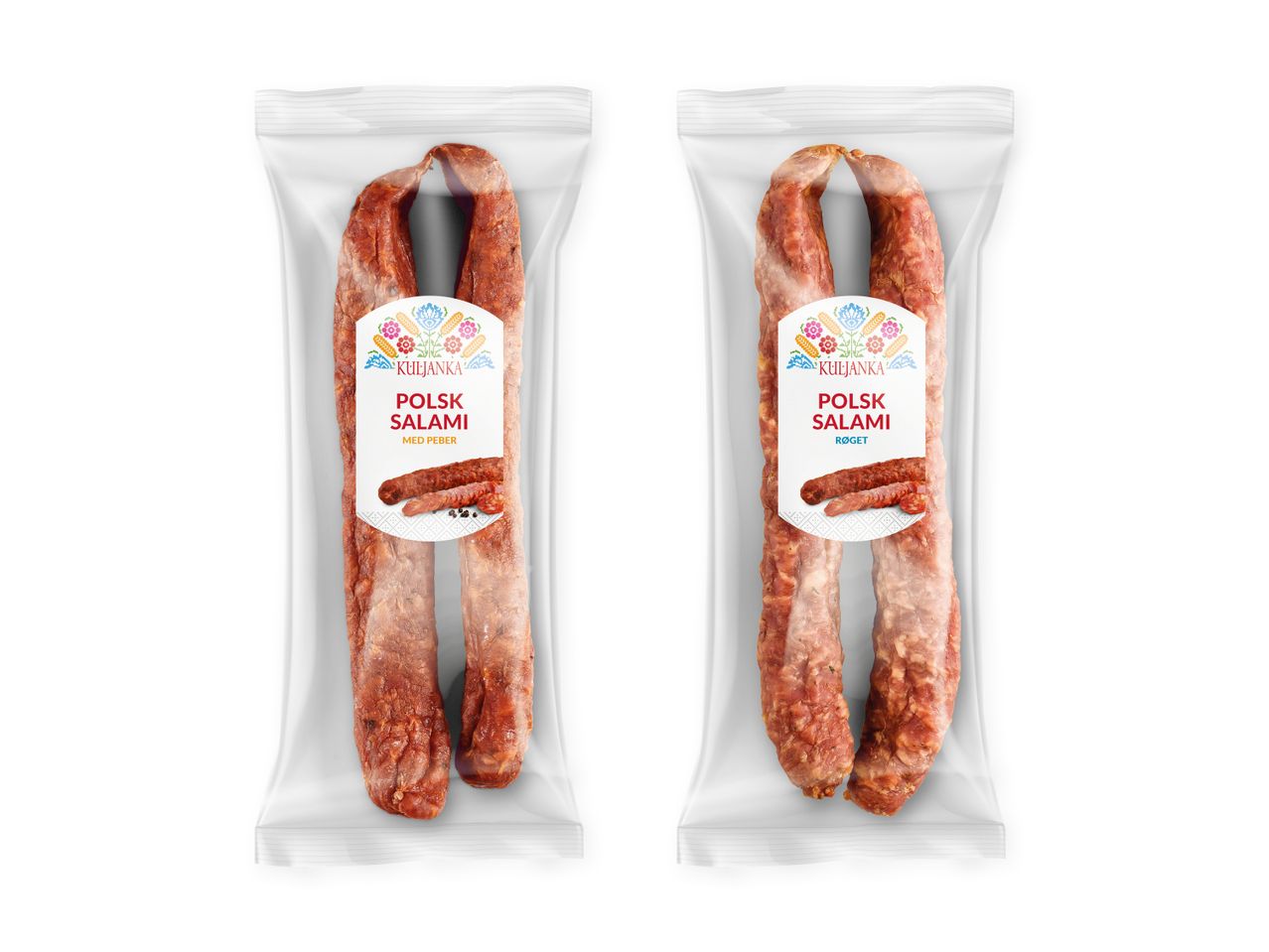 To pakker polsk salami, den ene med peber og den anden røget.