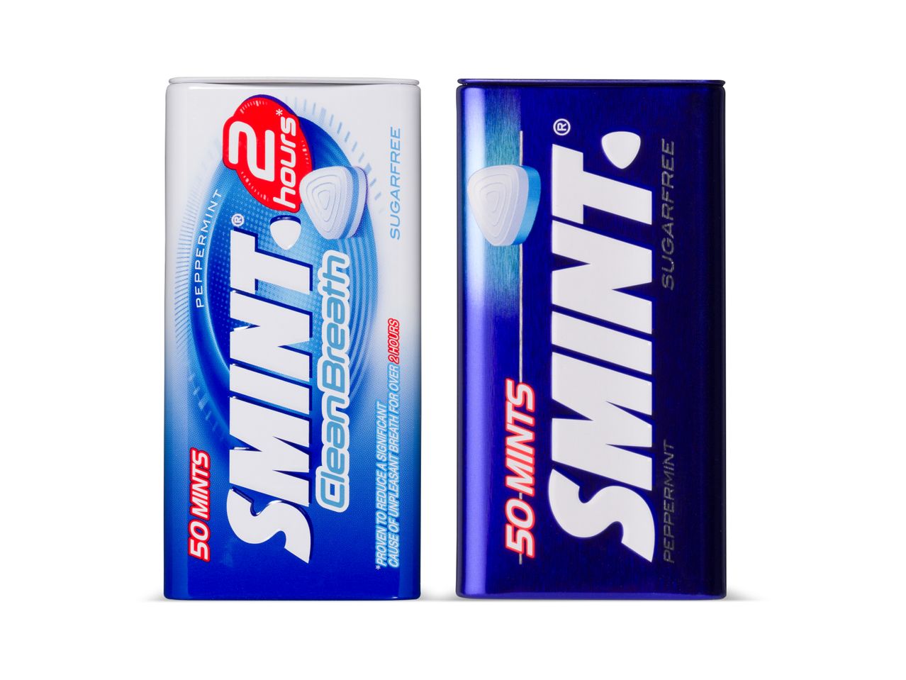 Twee blikjes Smint pepermuntsuikerloze snoepjes.