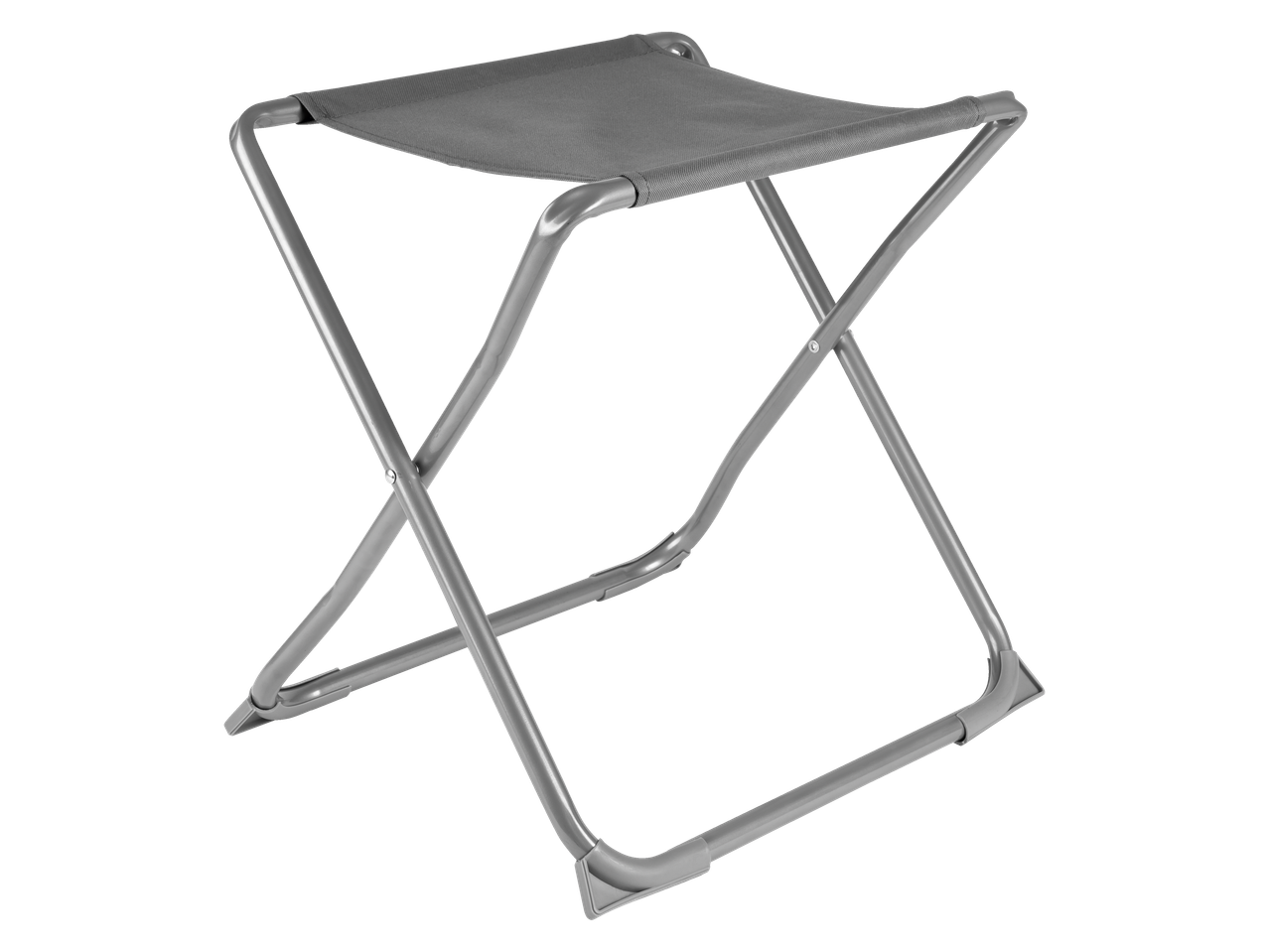 Foldable metal stool with fabric seat.