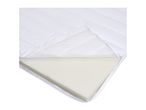 White foam mattress topper with a partially unzipped quilted cover