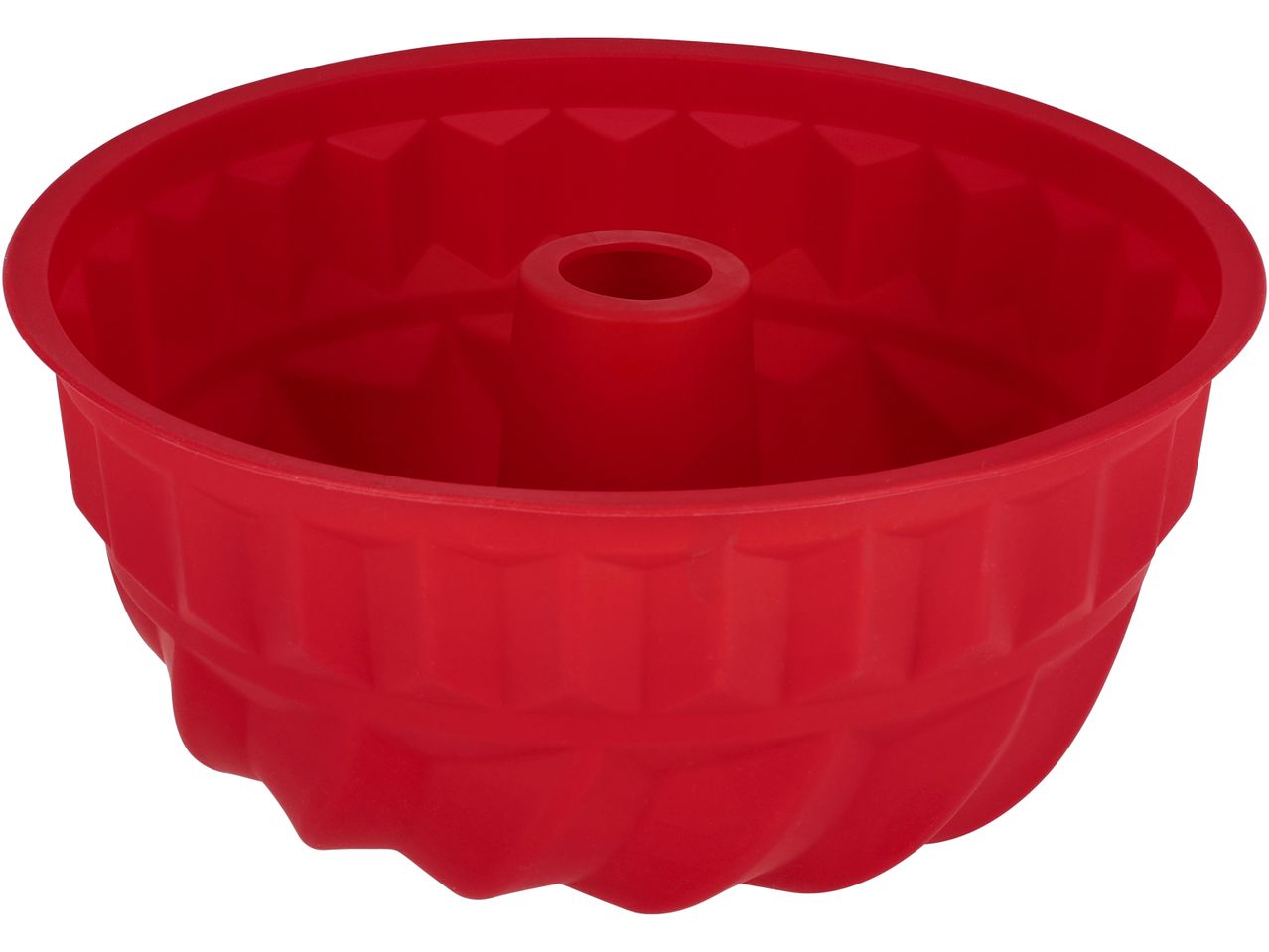 Red silicone bundt cake pan with a fluted design