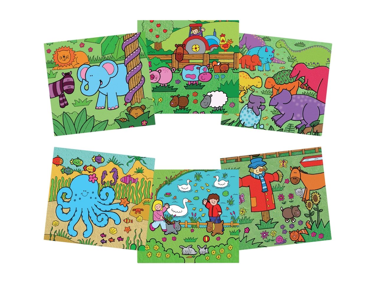 Eight colorful children's puzzle pieces featuring animals and scenes.