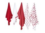 Five red and white kitchen towels hanging in a row.