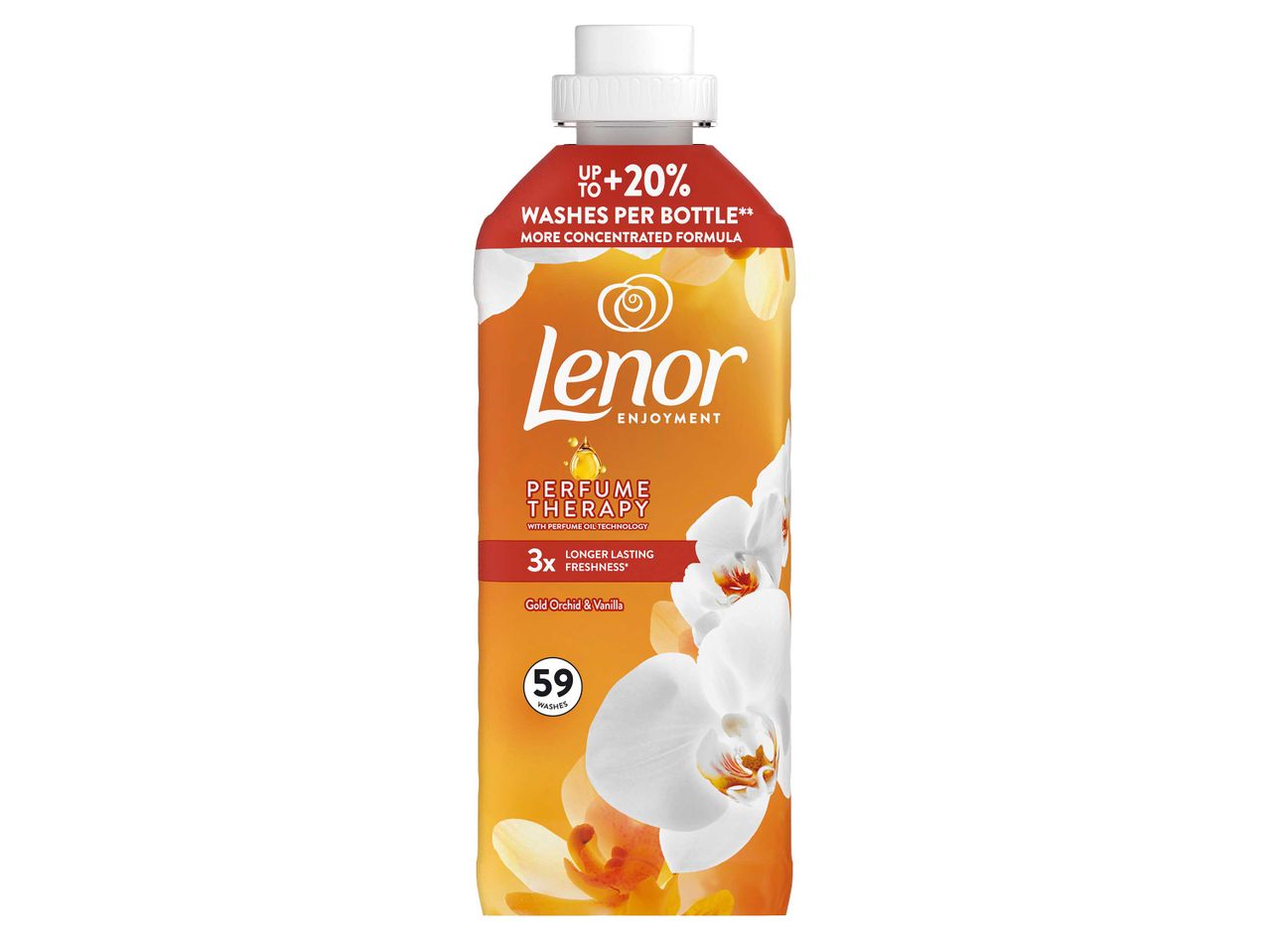 Lenor Enjoyment Gold Orchid & Vanilla öblítő, 59 mosásra elegendő, 3x hosszabb tartósságú illattal.