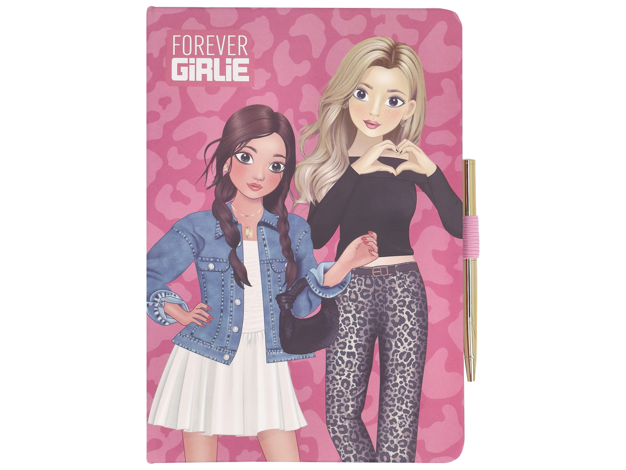 Carnet rose avec deux filles de style dessin animé et l'inscription 'FOREVER GIRLIE'.
