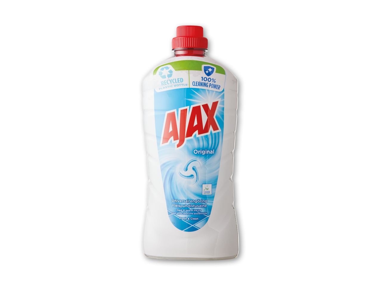 En flaske Ajax Original rengøringsmiddel med 100% rengøringseffekt.