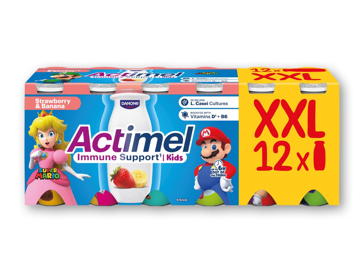 Actimel Immune Support Kids yoghurt med jordbær- og banansmag, med Super Mario-figurer, 12x pakke.