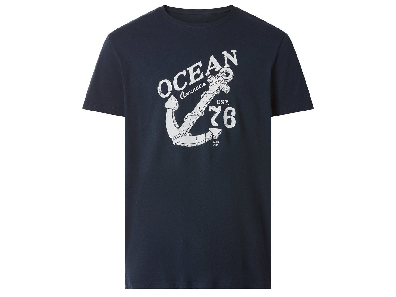 Тъмносиня мъжка тениска с щампа на котва, надпис „OCEAN Adventure“ и „EST. 76 YACHT CLUB“.