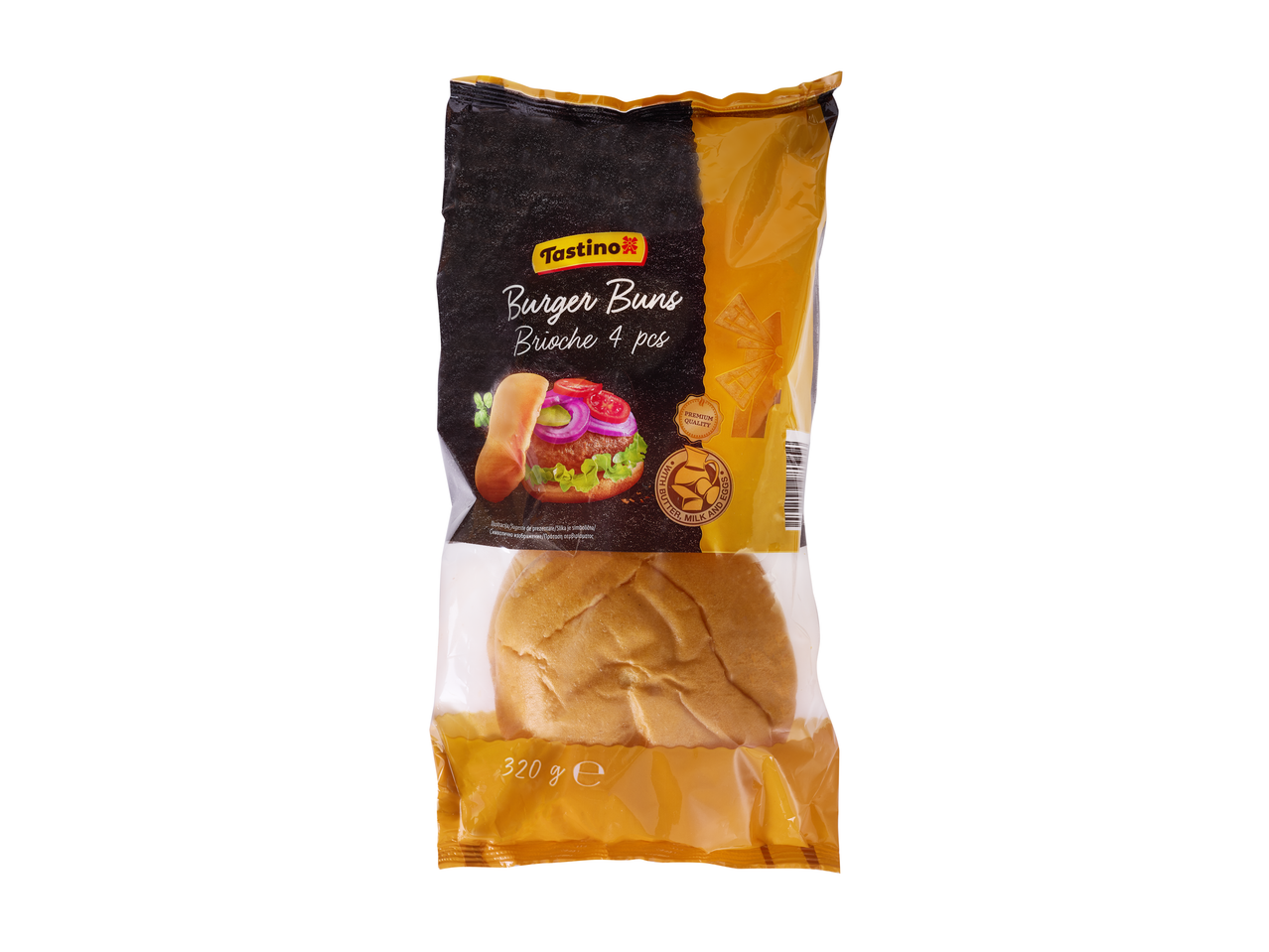 Chifle Brioche pentru hamburger TASTINO, 4 bucăți, 320g, cu unt, lapte și ouă.