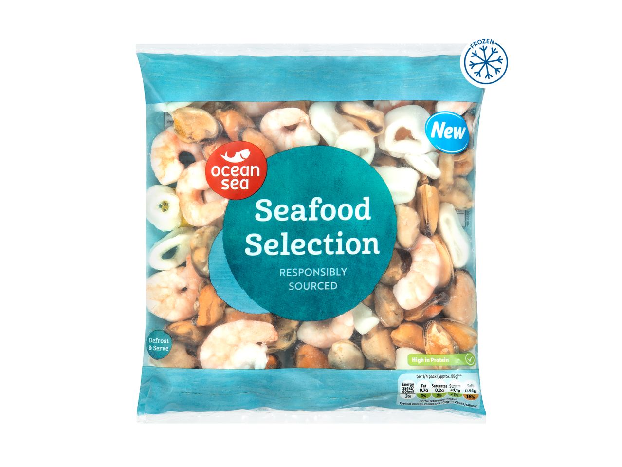 Ocean Sea frozen seafood selection: prawns, mussels, and squid.