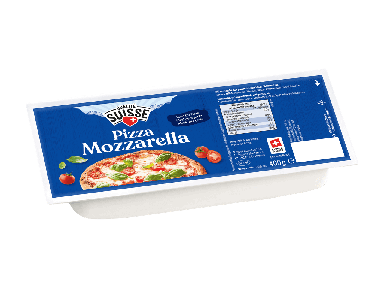 Mozzarella für Pizza in einer blauen Verpackung mit einer Abbildung von Pizza.