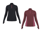 Zwei langärmlige Sportshirts mit Reißverschluss, eines in Dunkelgrau und eines in Weinrot.