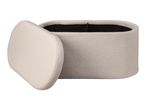 Cream-colored oval storage ottoman with the lid partially open, revealing a dark interior.