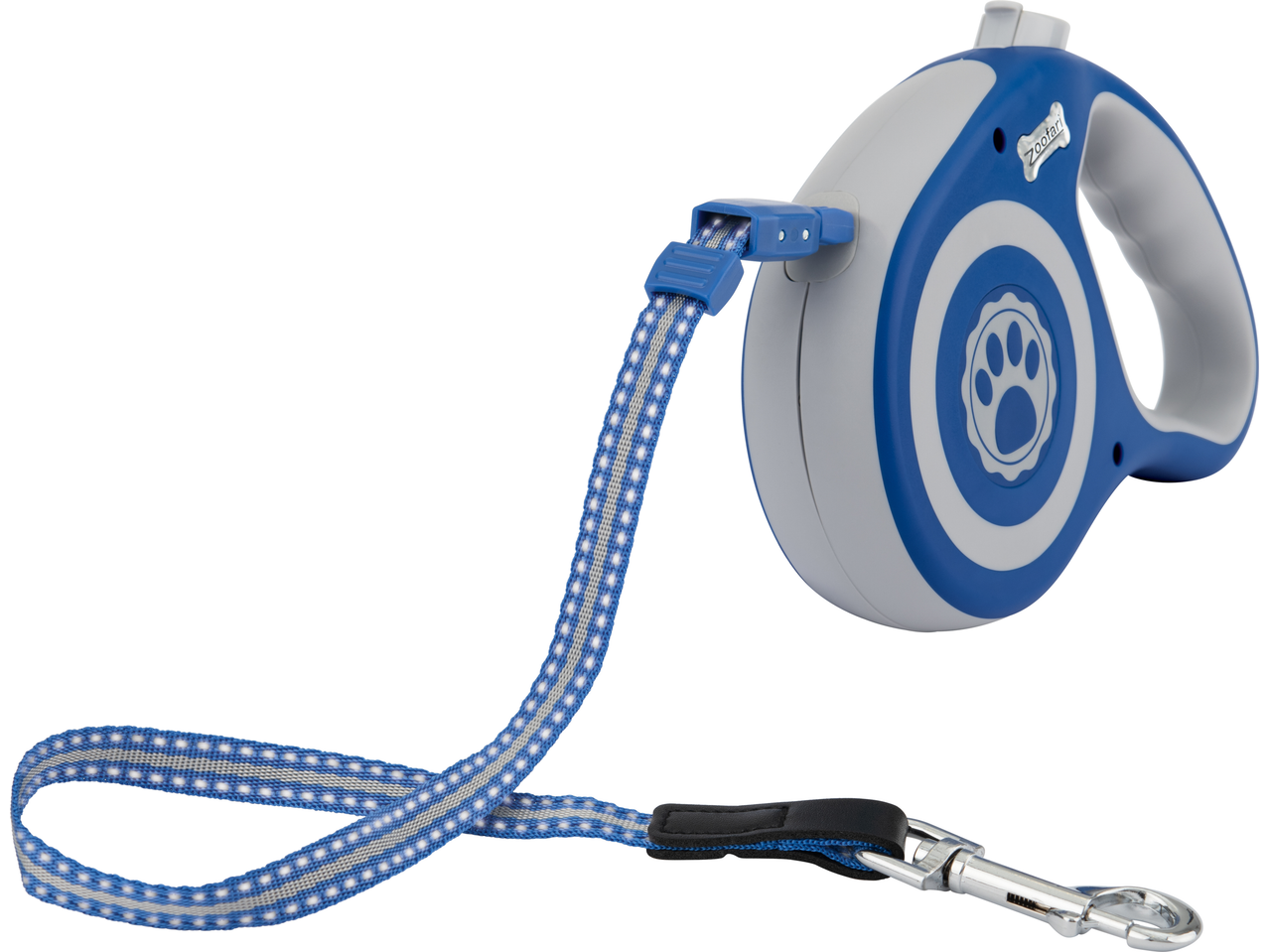 Zoofari Retractable Dog Lead in blue and grey with a paw print design.