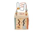 Wooden activity cube with bead maze, fox, hedgehog, and bunny designs.