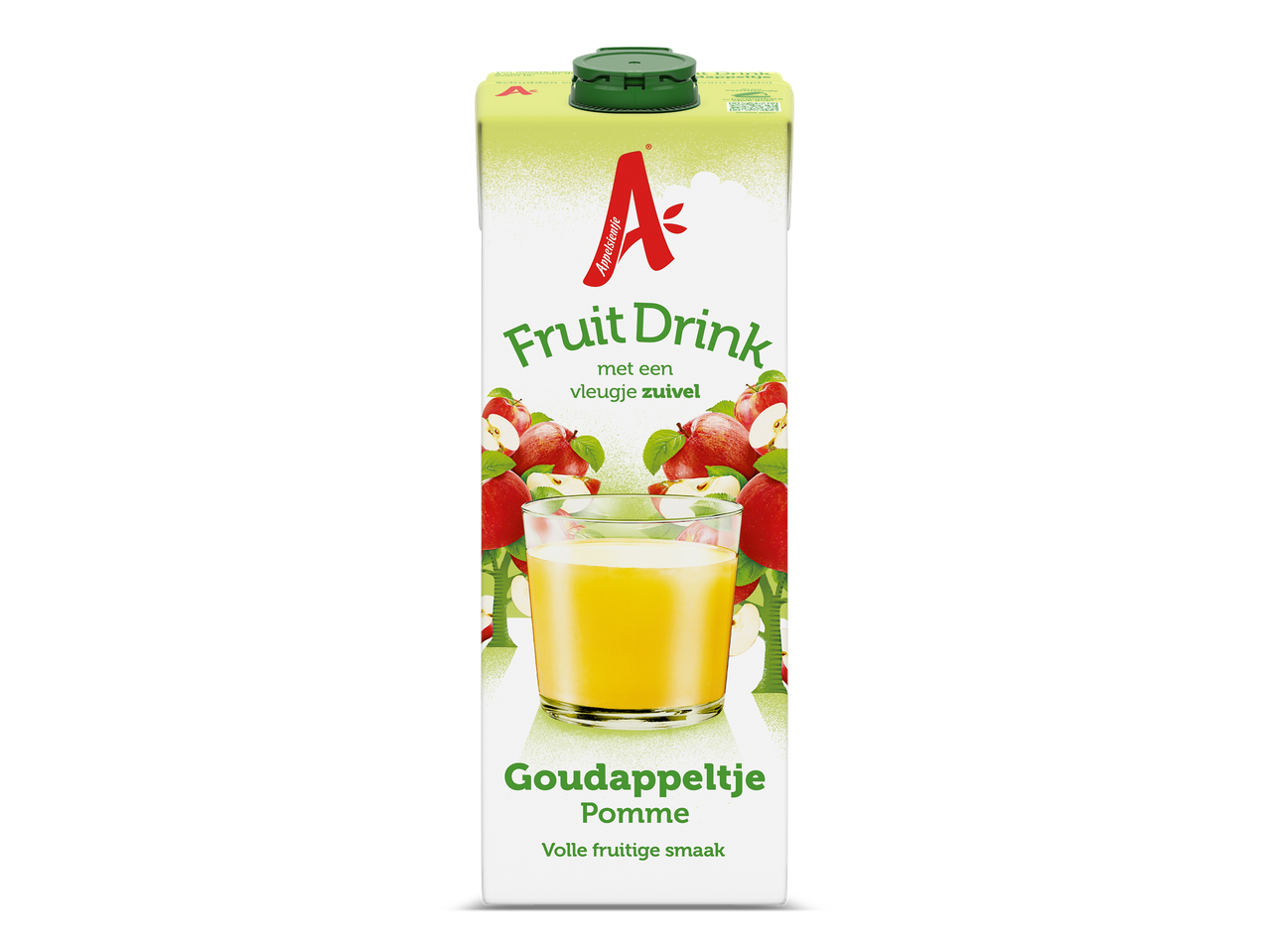 Een pak fruitdrank met appelsmaak en een glas gevuld met de drank.