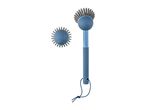 Two blue dish brushes with grey bristles, one with a handle and one without.