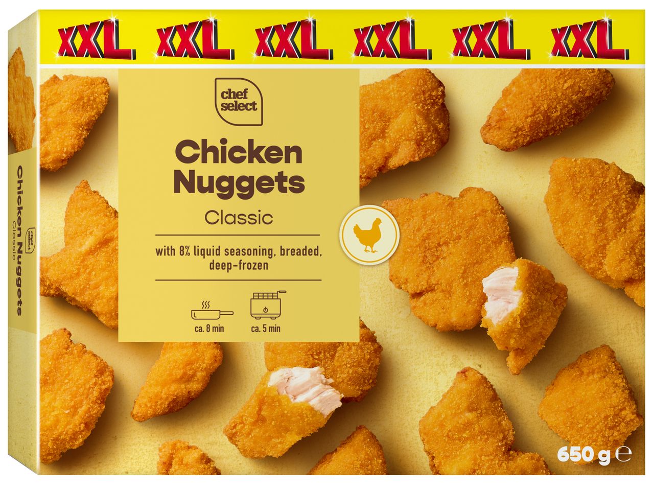 Опаковка пилешки хапки XXL, класически, с 8% течна подправка, панирани, дълбоко замразени, 650 гр.