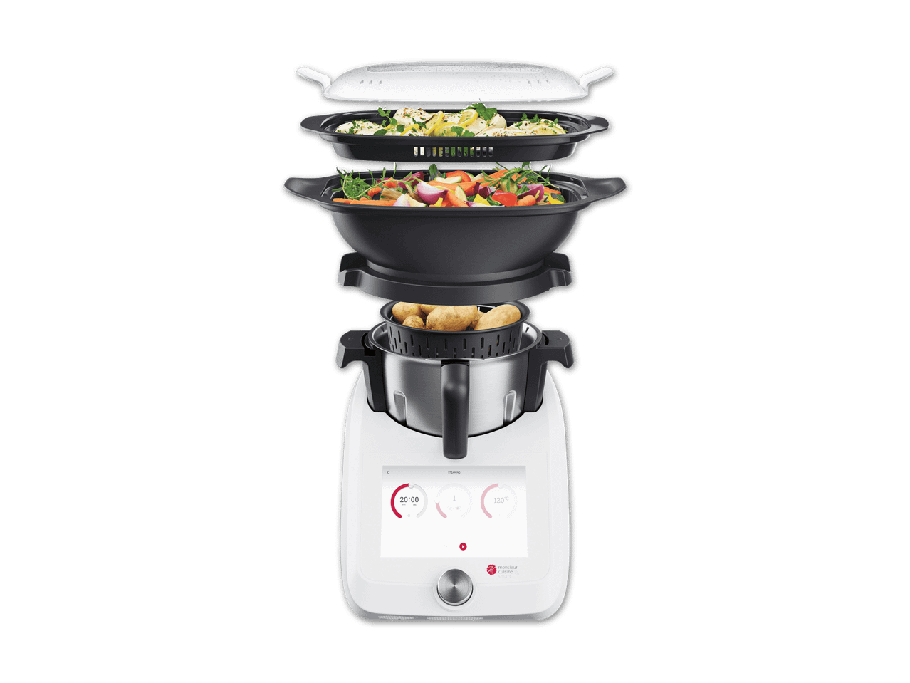 Ein Monsieur Cuisine Connect mit verschiedenen Garstufen und Zutaten.