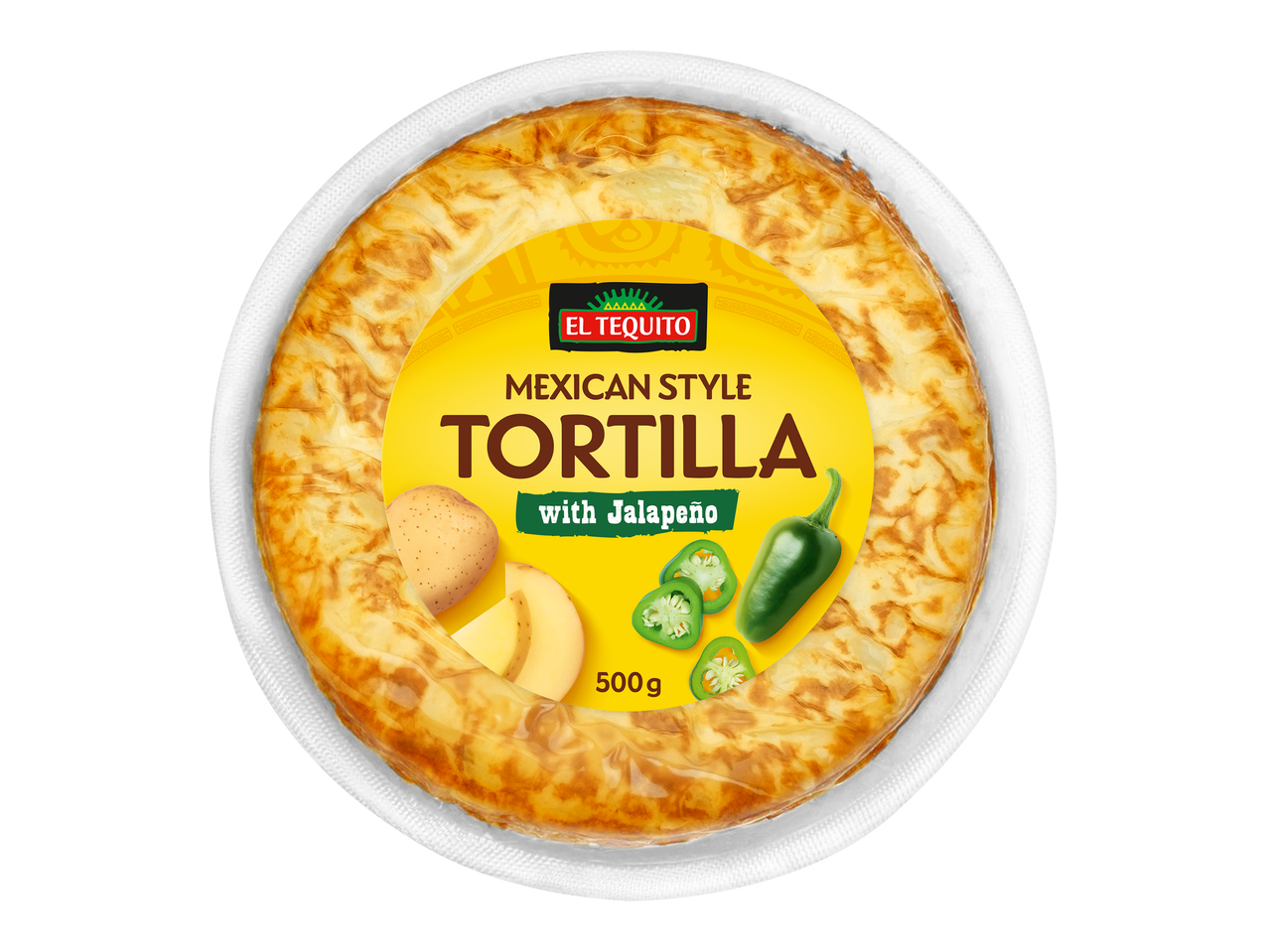 Tortilla de style mexicain avec jalapeño et pommes de terre, 500g, dans un emballage rond.