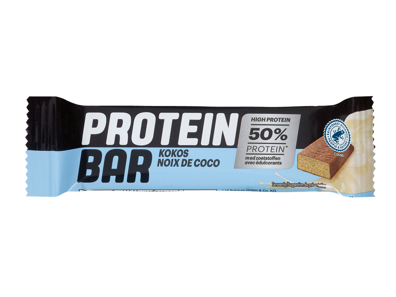 Barre protéinée avec 50% de protéines, saveur noix de coco et cacao, avec édulcorants.
