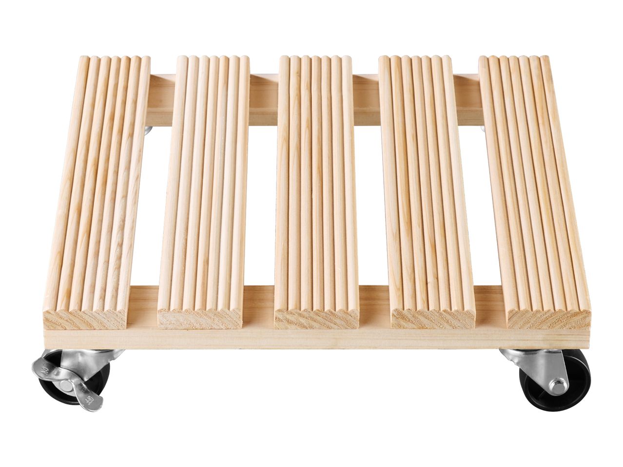 Wooden plant caddy with five slats and four wheels, two of which have brakes.