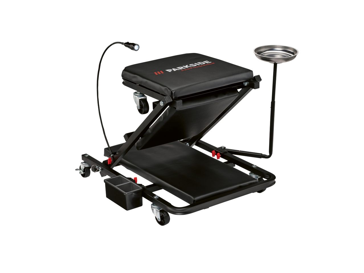 Parkside Performance creeper with integrated LED light, tray, and storage.