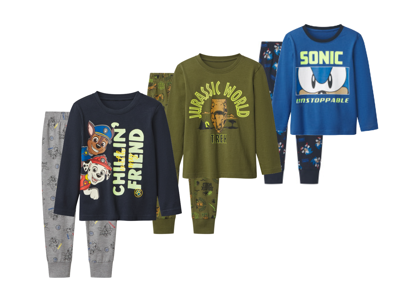 Dječje pidžame s motivima Paw Patrol, Jurassic World i Sonic.