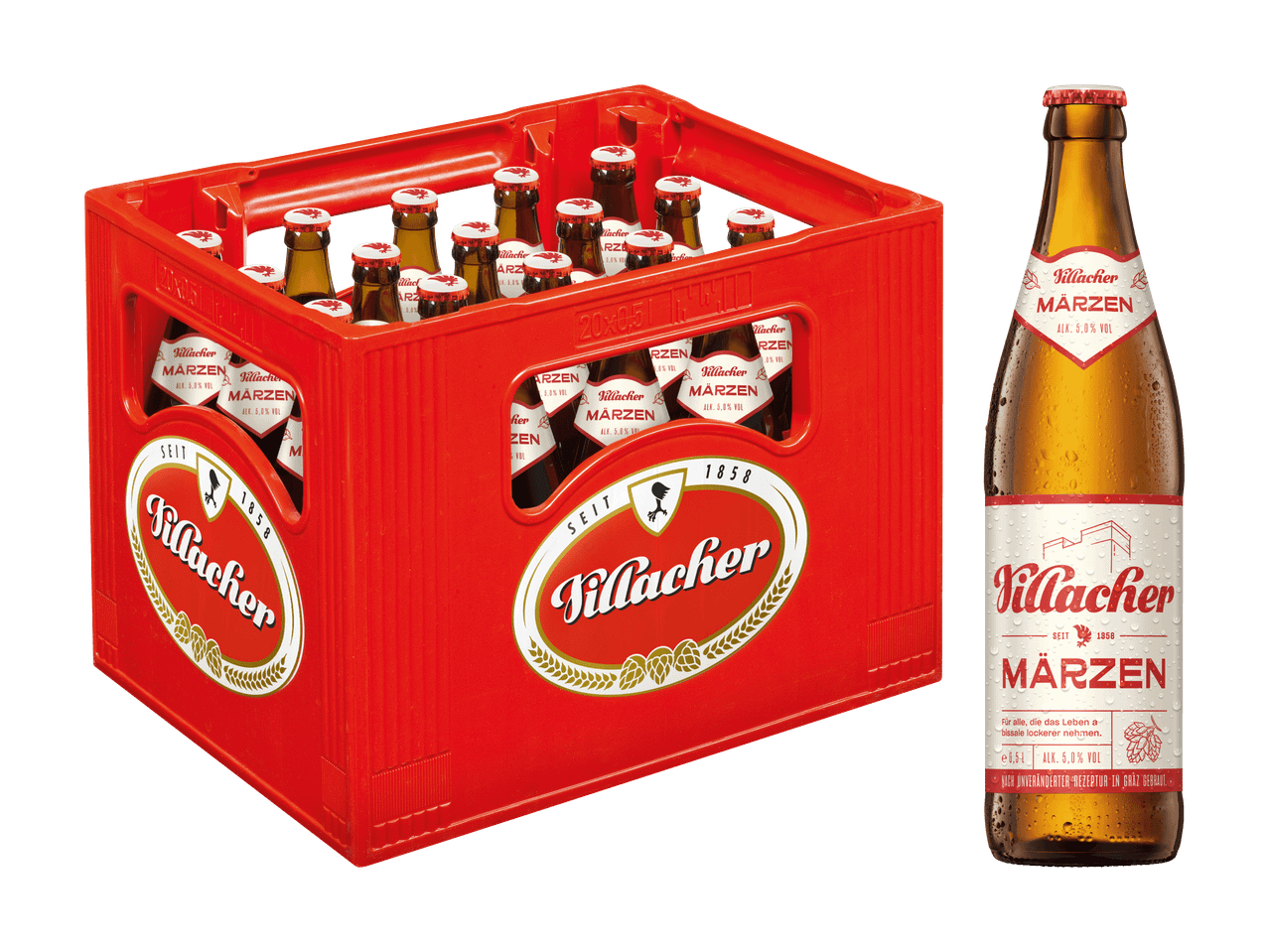 Kasten mit 20 Flaschen Märzenbier und eine einzelne Flasche mit Wassertropfen.