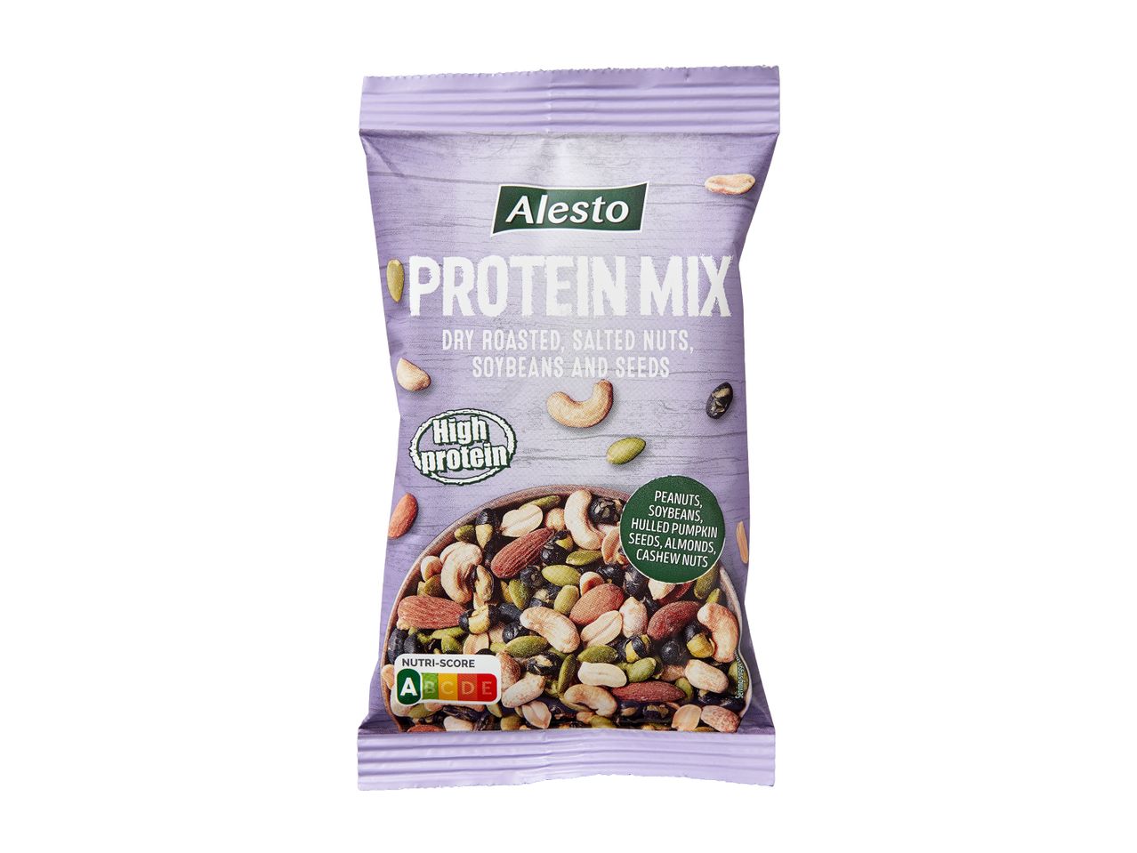 Alesto Protein Mix iepakojums ar zemesriekstiem, sojas pupiņām, ķirbju sēklām, mandelēm un Indijas riekstiem.