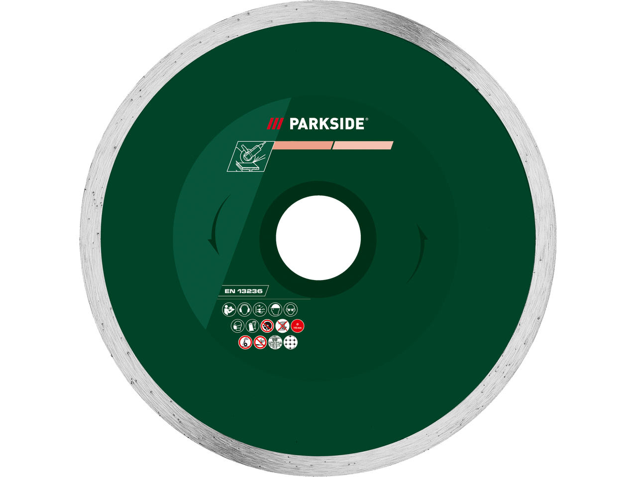 A Parkside cutting disc with safety symbols and specifications.