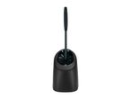 Black toilet brush with a matching holder on a white background.