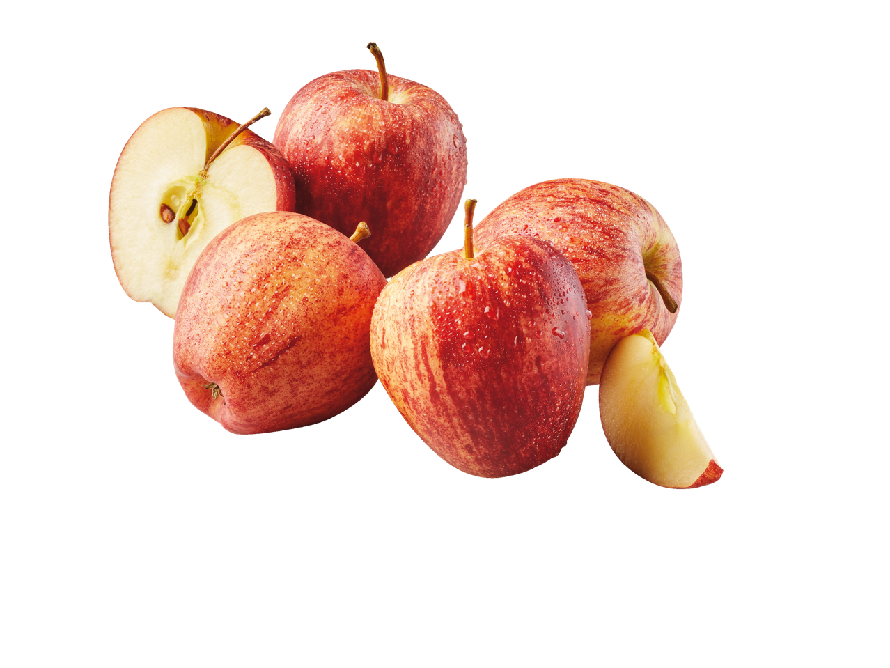 Juicy red apples, one halved.