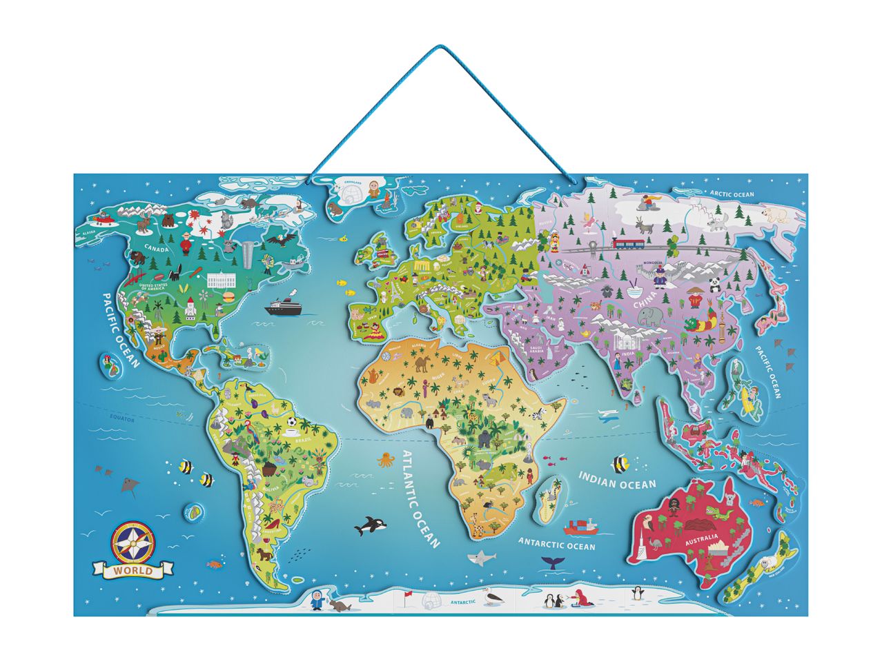 A colorful world map puzzle for children, featuring animals, landmarks, and country names.