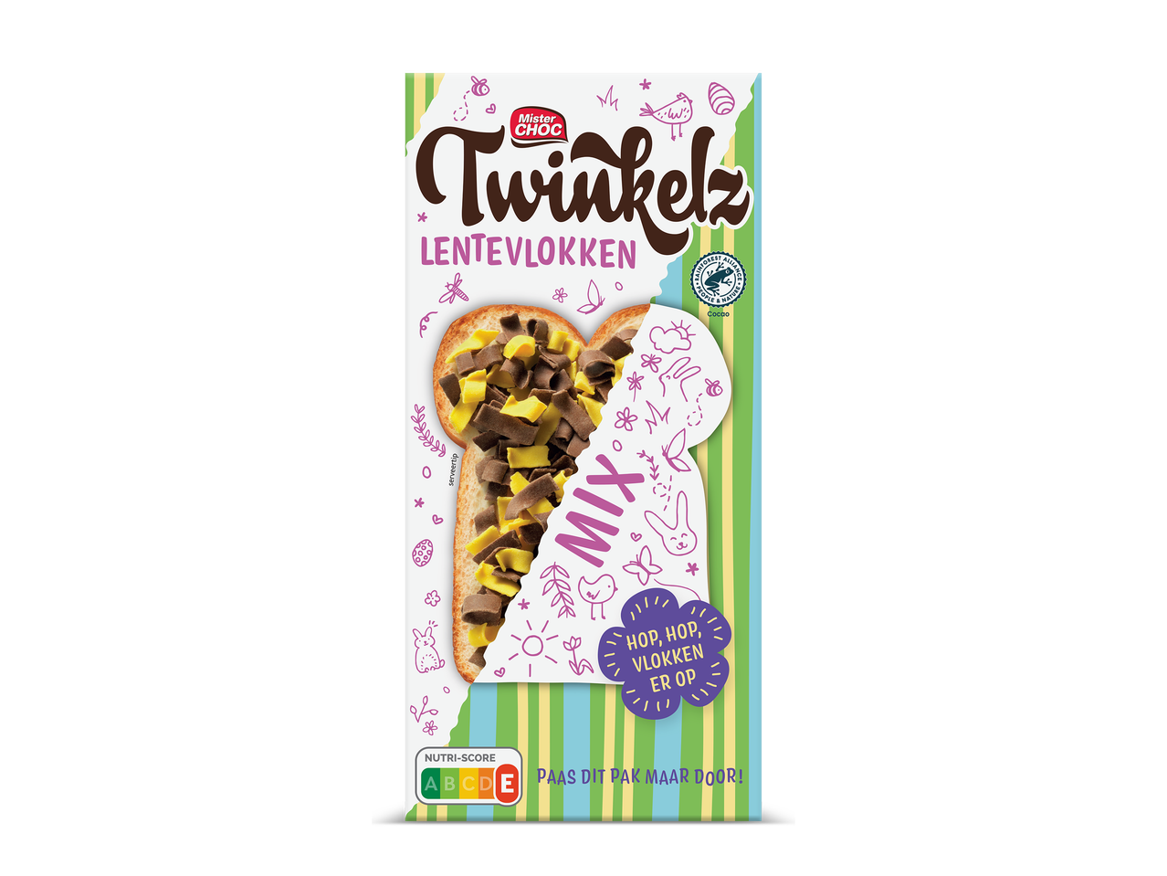 Verpakking van chocoladevlokken met lentethema, met een hartvormige boterham en paasillustraties.