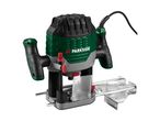Green and black plunge router with a parallel guide attachment on a white background.