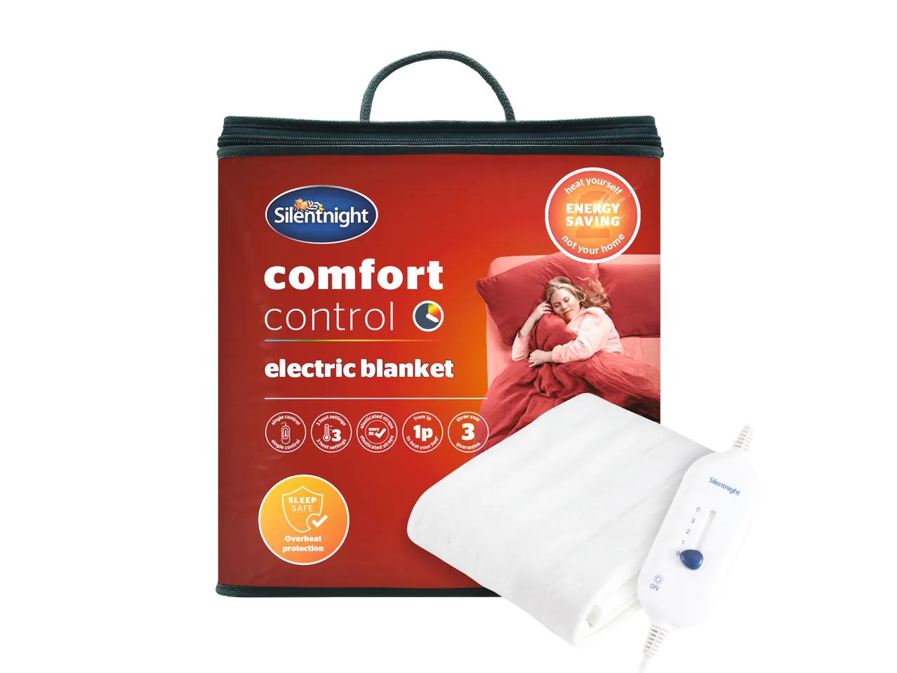 Silentnight Comfort Control electric blanket in packaging with controller shown.