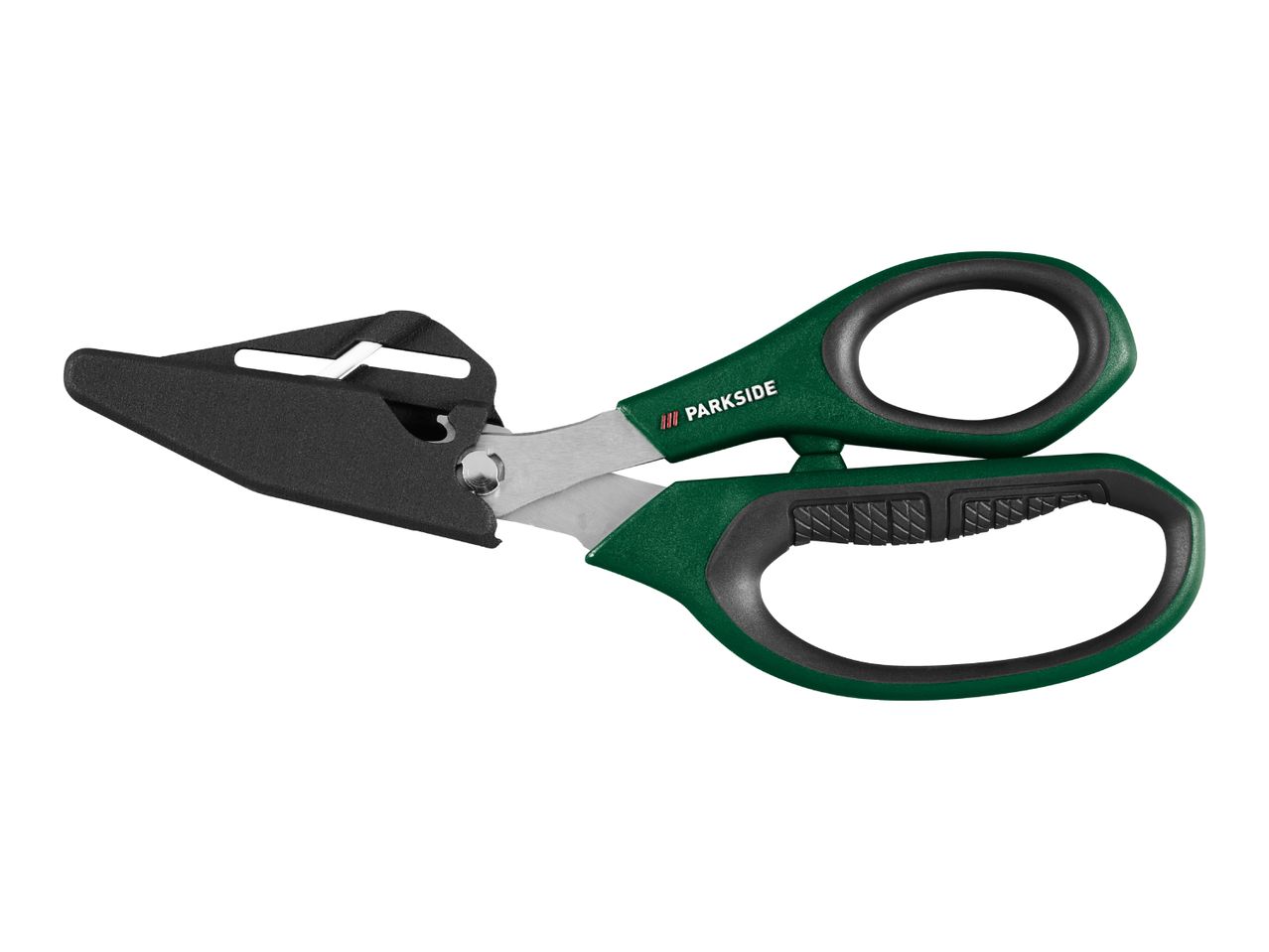Green and black multi-purpose scissors with a protective cover