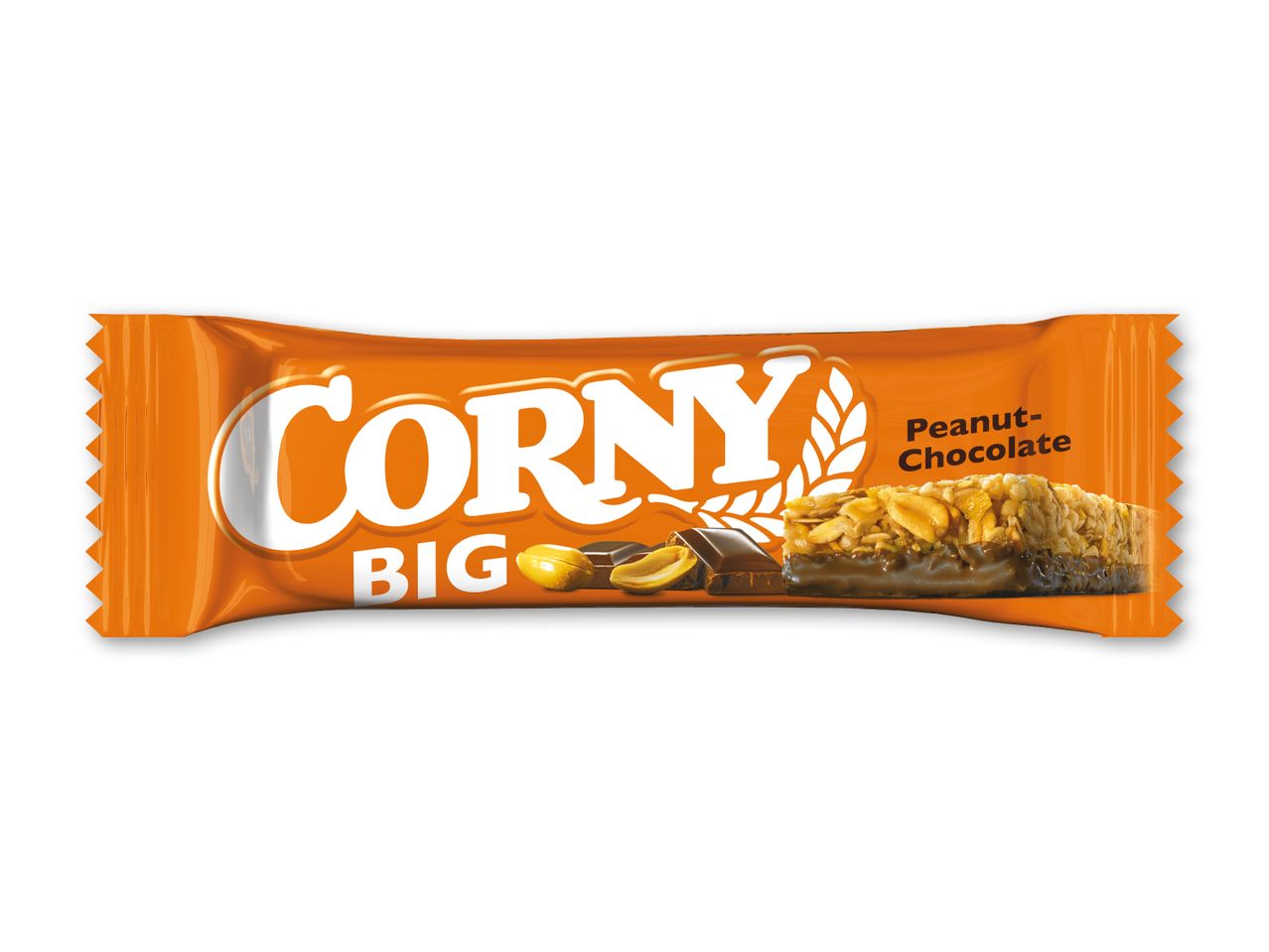 En orange indpakket müslibar med jordnødder og chokolade.