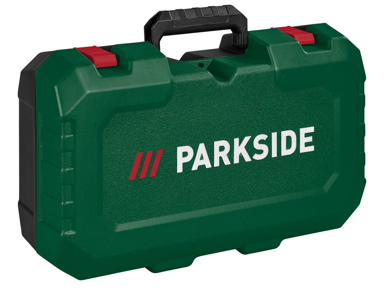Зелена кутия за акумулаторна ножица за клони Parkside®, с червени закопчалки и черна дръжка.