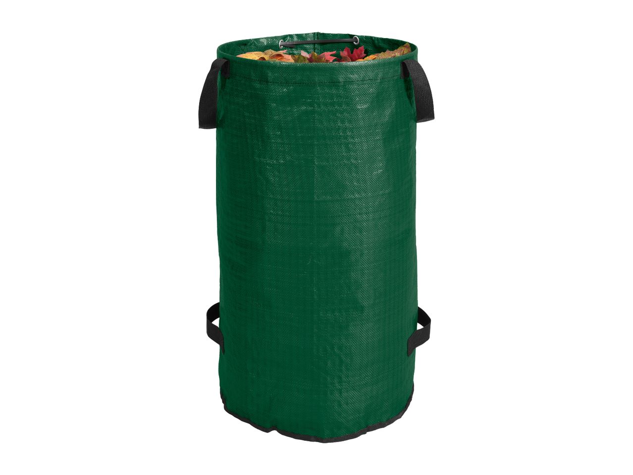Green garden waste bag filled with autumn leaves