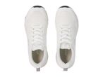 Pair of white athletic shoes with black accents, viewed from above.