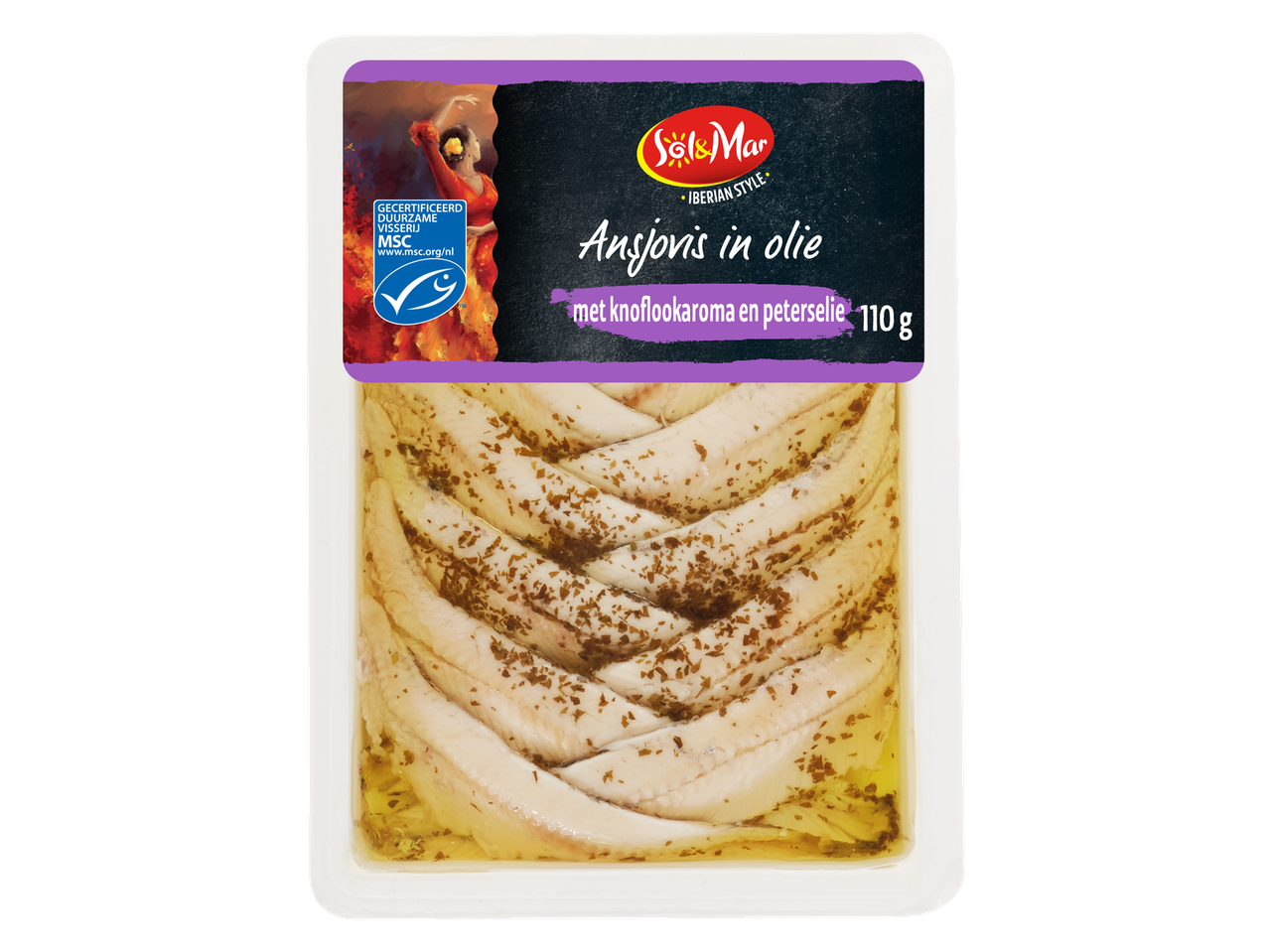Ansjovis in olie met knoflookaroma en peterselie, 110 g